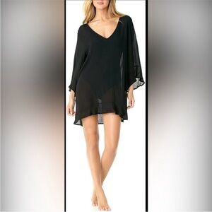 Anne Cole Top Black Sheer Flowy Tunic Flutter Sleeve Romantic